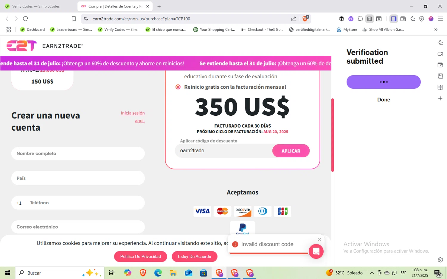Earn2Trade discount code screenshot showing code earn2trade applied at Earn2Trade checkout page. Uploaded by SimplyCodes community member Rayyyyyy on Jul 21, 2025