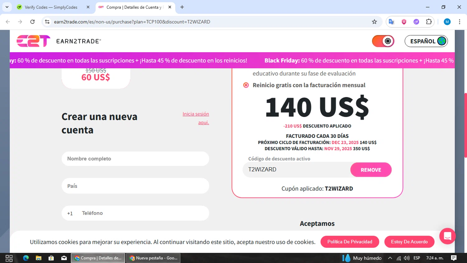 Earn2Trade discount code screenshot showing code T2WIZARD applied at Earn2Trade checkout page. Uploaded by SimplyCodes community member MoneyPioneer4925 on Nov 23, 2025