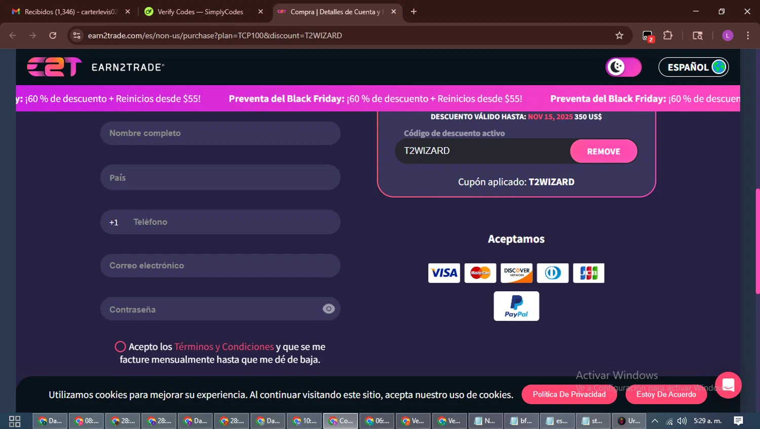 Earn2Trade discount code screenshot showing code T2WIZARD applied at Earn2Trade checkout page. Uploaded by SimplyCodes community member RewardScout5160 on Nov 5, 2025