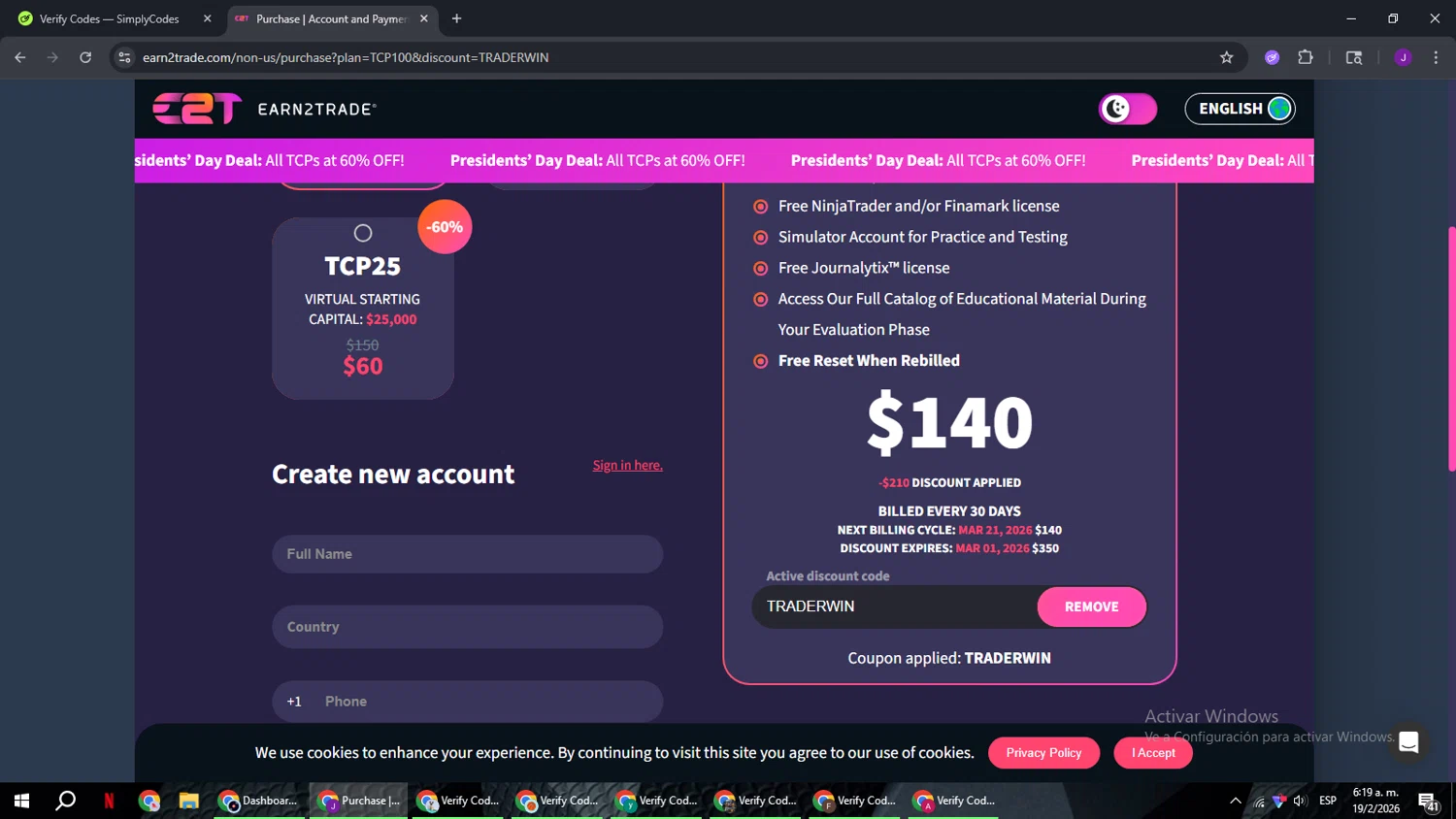 Earn2Trade checkout page showing Earn2Trade discount code box | Screenshot taken by SimplyCodes community member on Feb 19, 2026