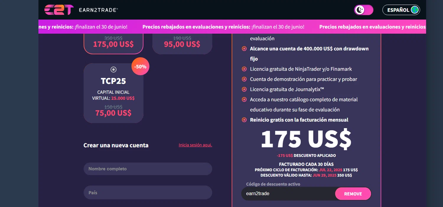 Earn2Trade discount code screenshot showing code earn2trade applied at Earn2Trade checkout page. Uploaded by SimplyCodes community member Yossoy on Jun 23, 2025