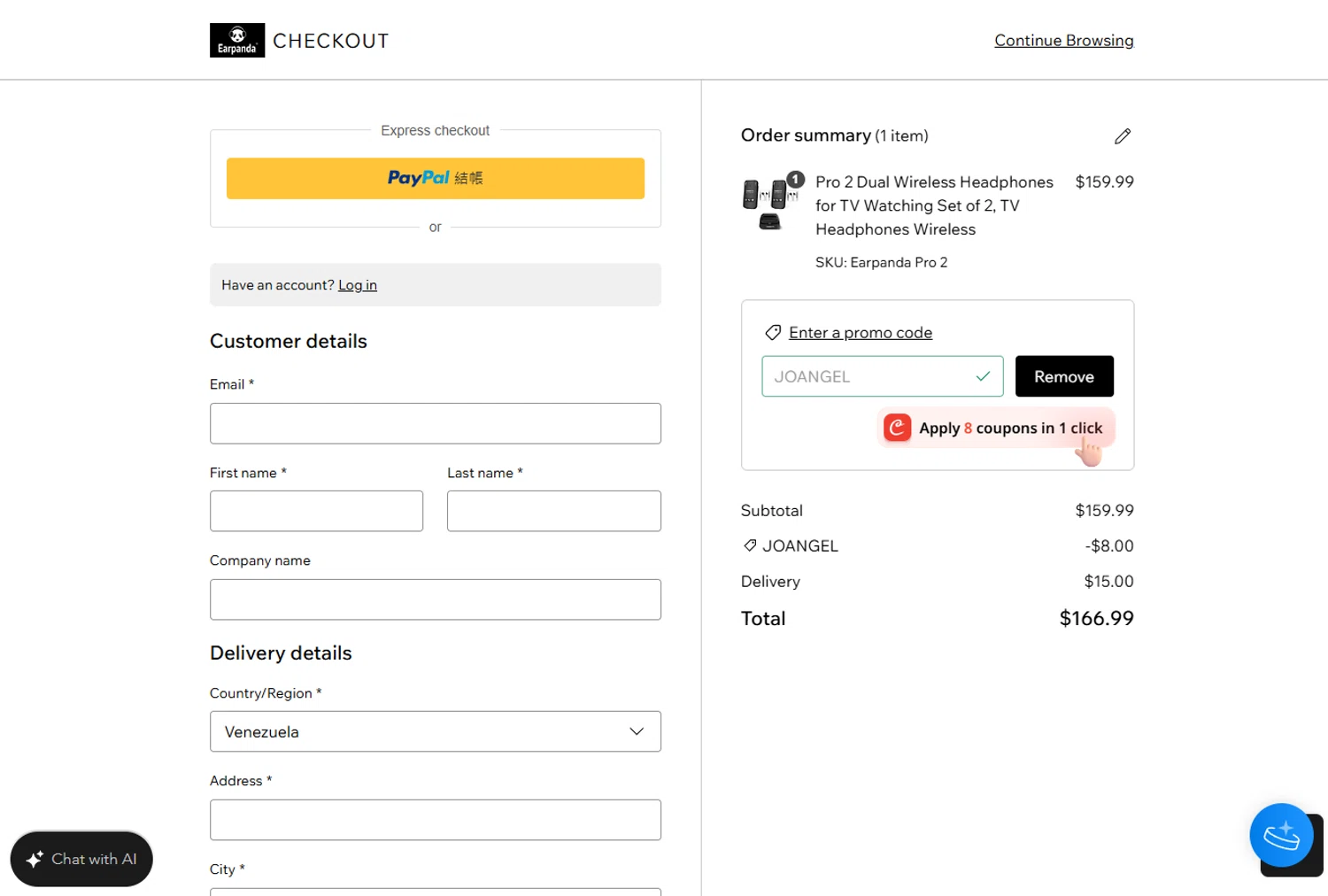 Earpanda promo code screenshot showing code JOANGEL applied at Earpanda checkout page. Uploaded by SimplyCodes community member kanEki12 on Jun 9, 2026