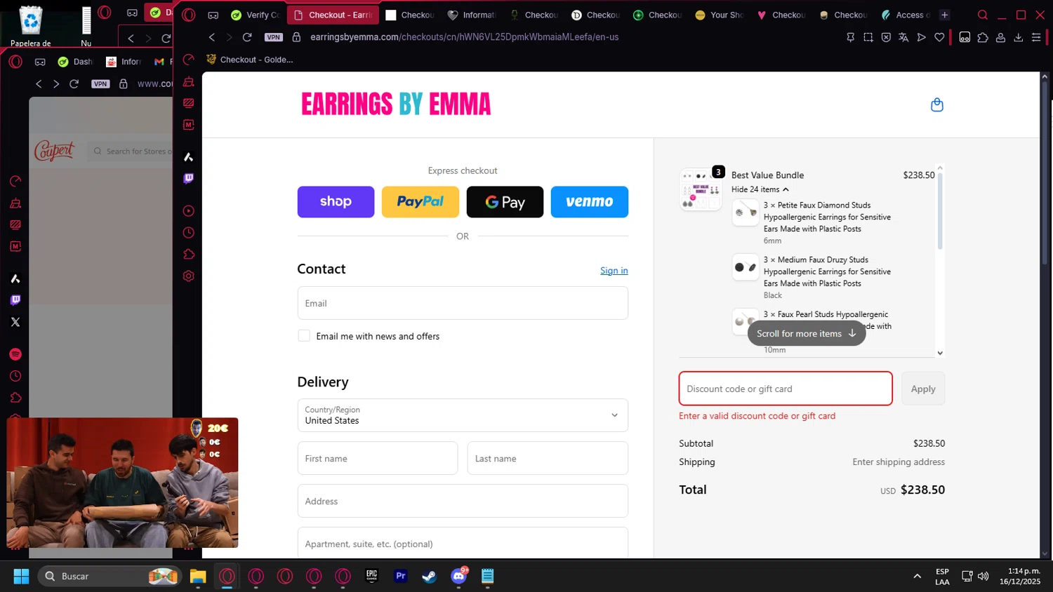 Earrings by Emma discount code screenshot showing code WELCOME applied at Earrings by Emma checkout page. Uploaded by SimplyCodes community member Billyyou on Dec 16, 2025