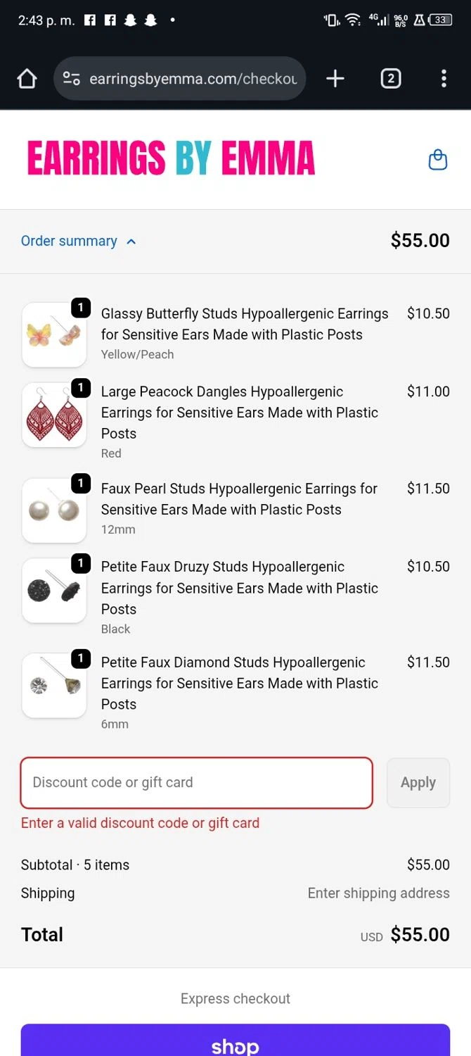 Earrings by Emma discount code screenshot showing code WELCOME applied at Earrings by Emma checkout page. Uploaded by SimplyCodes community member JandryV on Dec 16, 2025