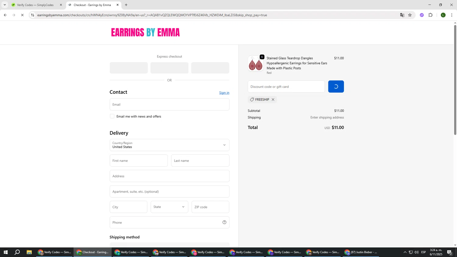 Earrings by Emma discount code screenshot showing code FREESHIP applied at Earrings by Emma checkout page. Uploaded by SimplyCodes community member DUCATI on Nov 6, 2025