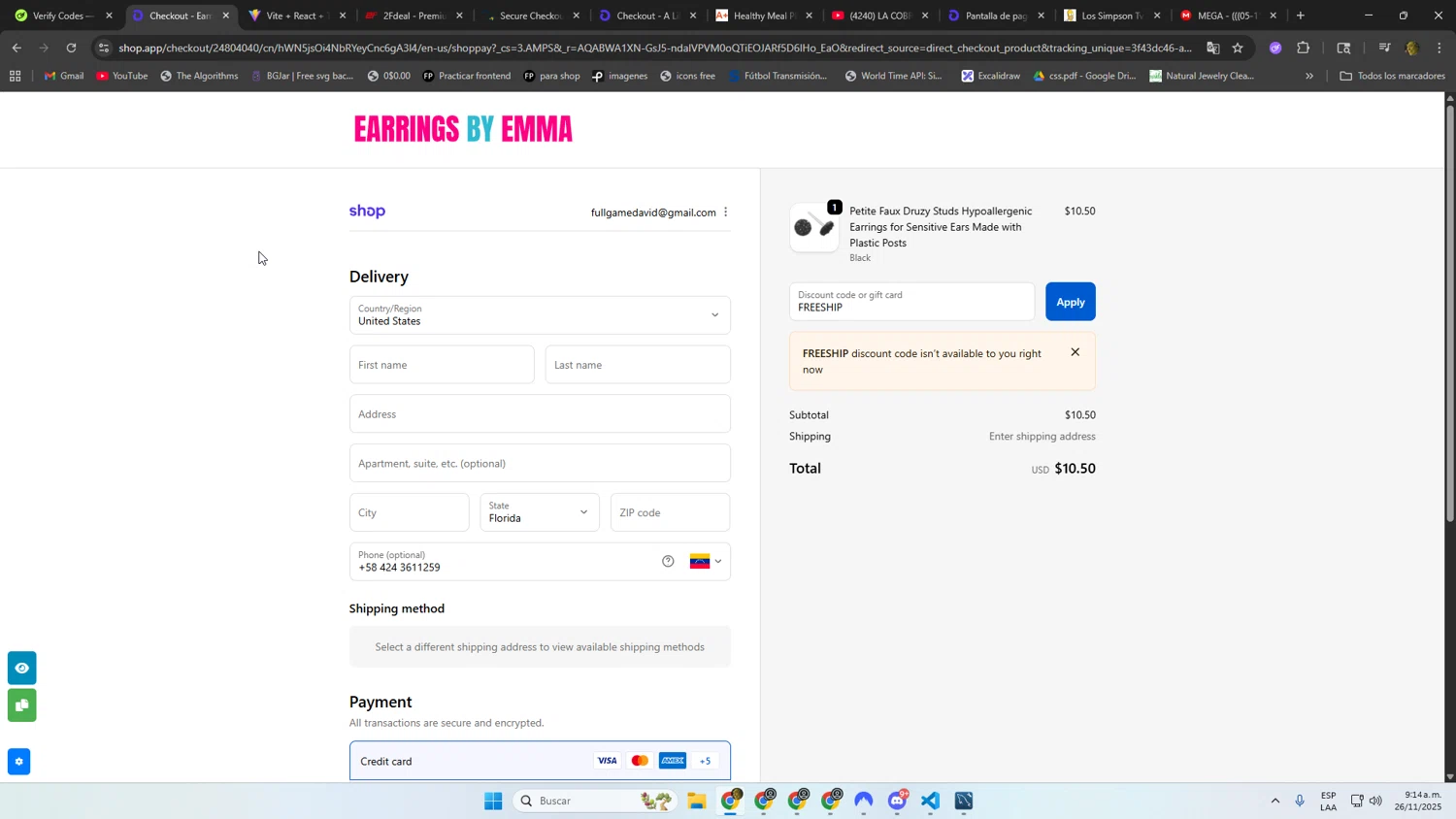 Earrings by Emma discount code screenshot showing code FREESHIP applied at Earrings by Emma checkout page. Uploaded by SimplyCodes community member DonPollito on Nov 26, 2025