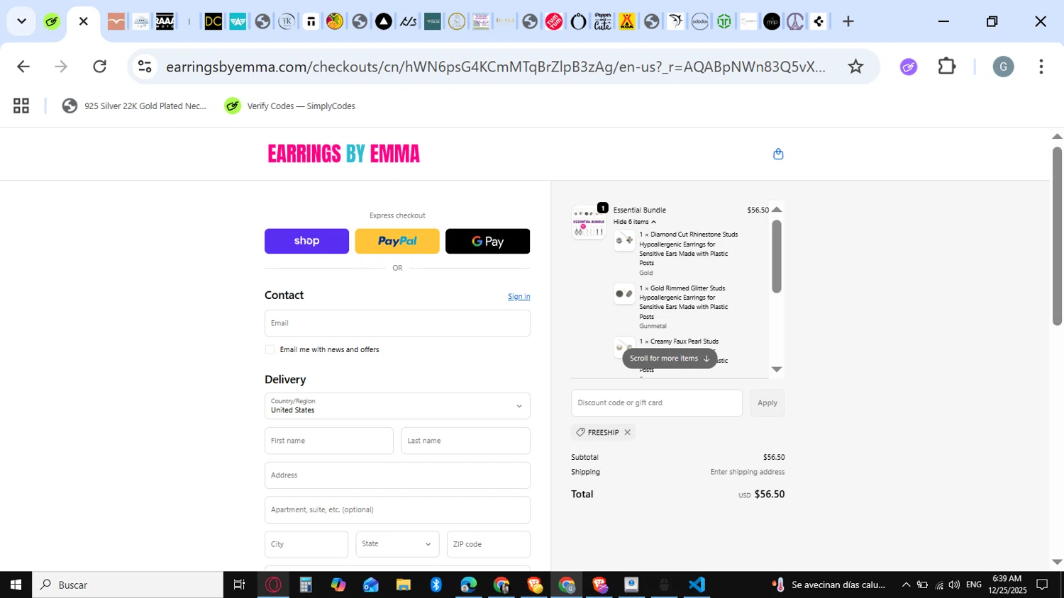 Earrings by Emma discount code screenshot showing code FREESHIP applied at Earrings by Emma checkout page. Uploaded by SimplyCodes community member guest_623525963 on Dec 25, 2025