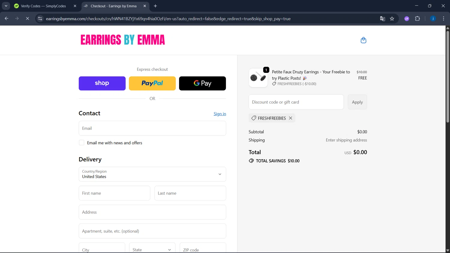 Earrings by Emma discount code screenshot showing code FRESHFREEBIES applied at Earrings by Emma checkout page. Uploaded by SimplyCodes community member CodeSaver4373 on Oct 12, 2025