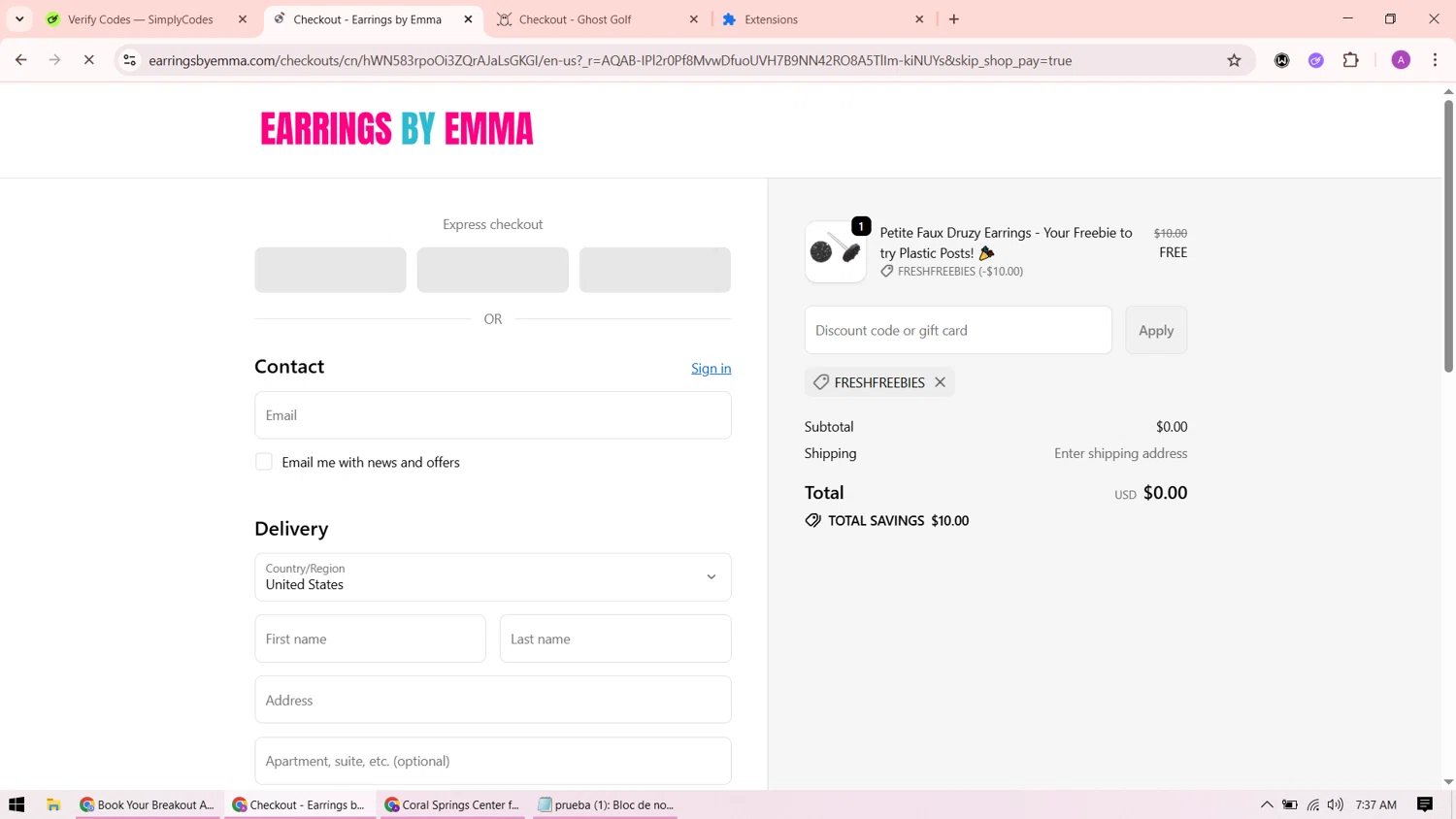 Earrings by Emma discount code screenshot showing code FRESHFREEBIES applied at Earrings by Emma checkout page. Uploaded by SimplyCodes community member ShrewdMaverick9198 on Nov 10, 2025