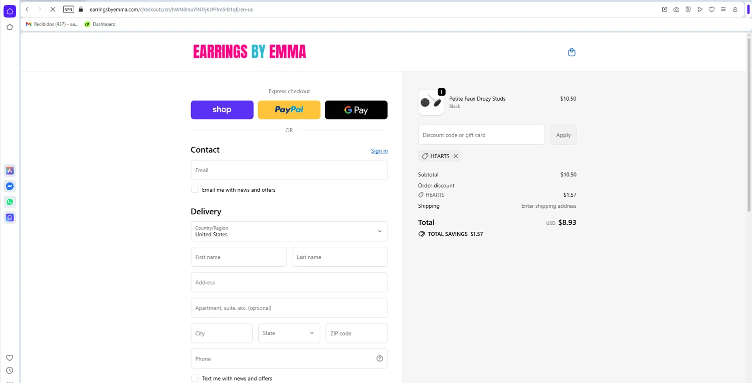 Earrings by Emma checkout page showing Earrings by Emma discount code box | Screenshot taken by SimplyCodes community member on Feb 14, 2026
