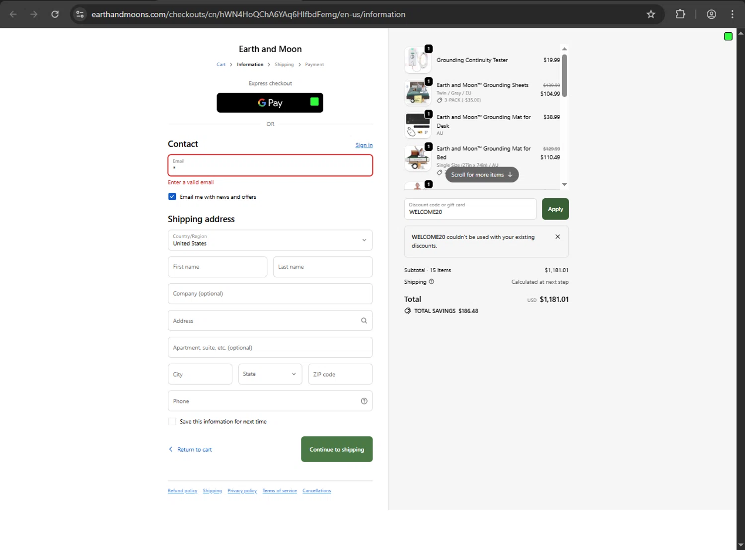 Earth and Moon discount code screenshot showing code WELCOME20 applied at Earth and Moon checkout page. Uploaded by SimplyCodes community member MAHORAGA on Oct 19, 2025