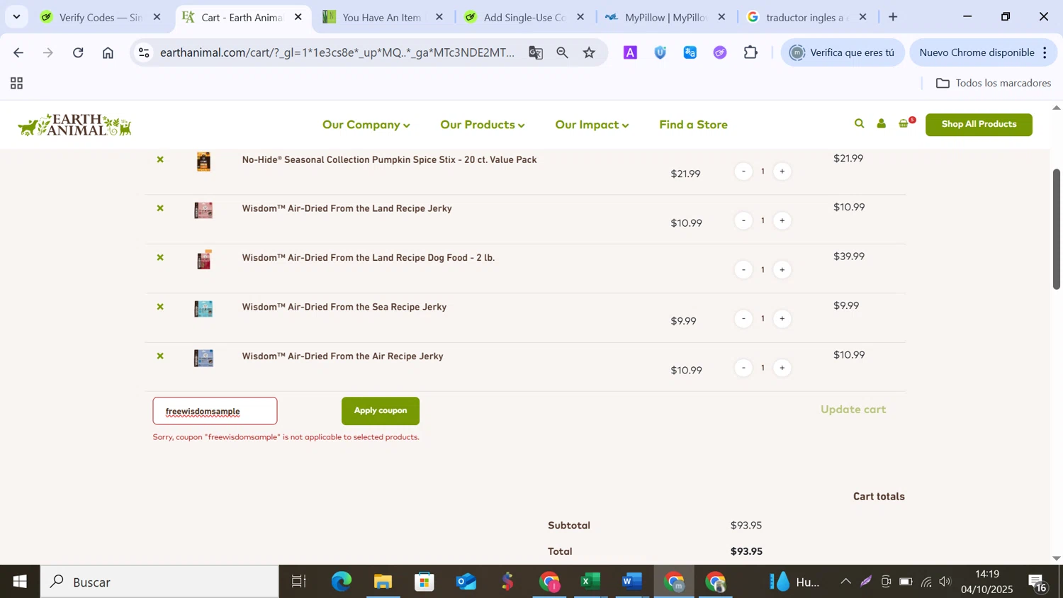 Earth Animal coupon code screenshot showing code freewisdomsample applied at Earth Animal checkout page. Uploaded by SimplyCodes community member MANUELURBINA on Oct 4, 2025