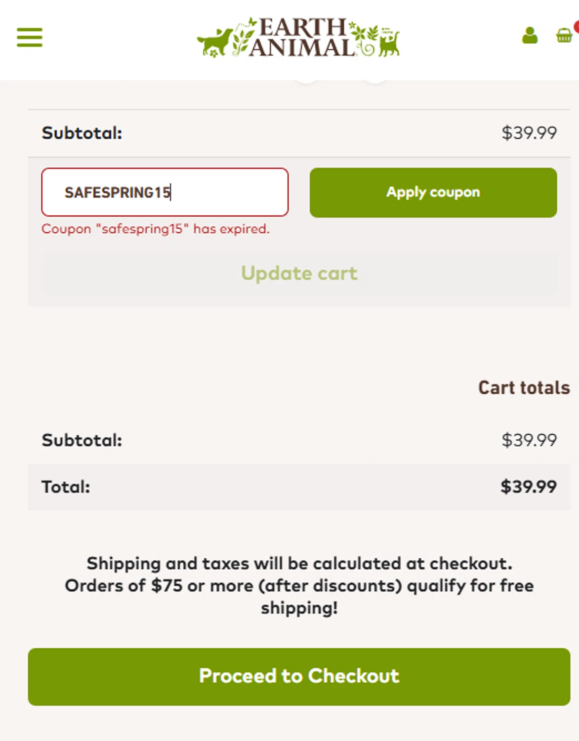 Earth Animal coupon code screenshot showing code SAFESPRING15 applied at Earth Animal checkout page. Uploaded by SimplyCodes community member _Flash_ on Sep 11, 2025