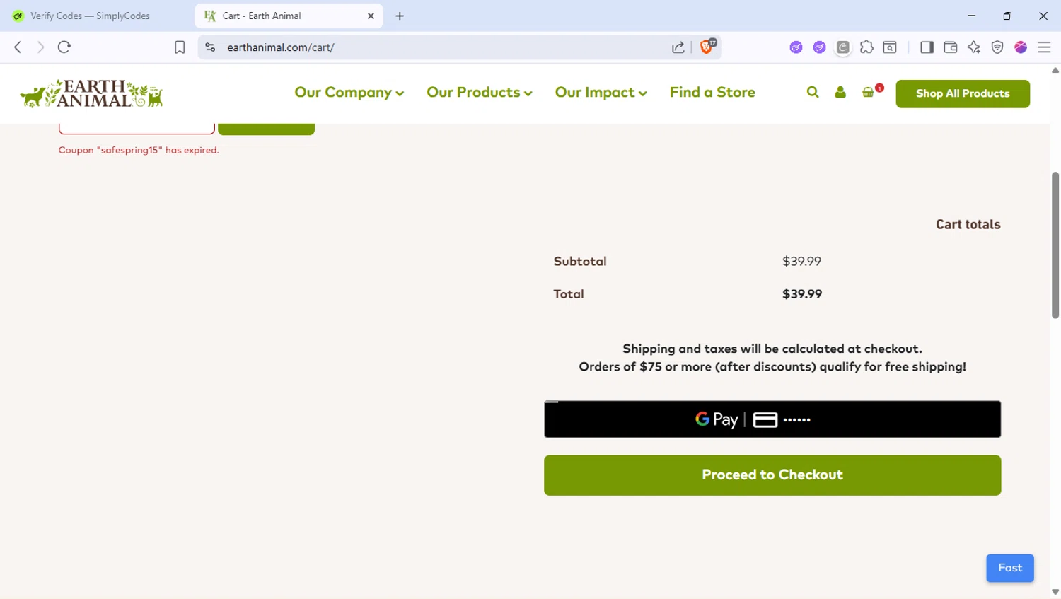 Earth Animal coupon code screenshot showing code SAFESPRING15 applied at Earth Animal checkout page. Uploaded by SimplyCodes community member PocoyoTraihard on Sep 11, 2025