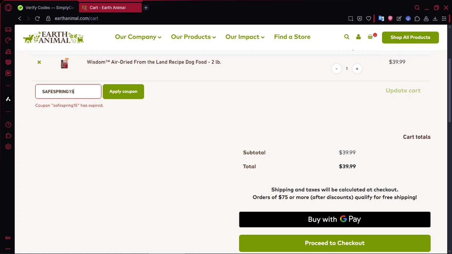 Earth Animal coupon code screenshot showing code SAFESPRING15 applied at Earth Animal checkout page. Uploaded by SimplyCodes community member TOLUENO on Sep 11, 2025