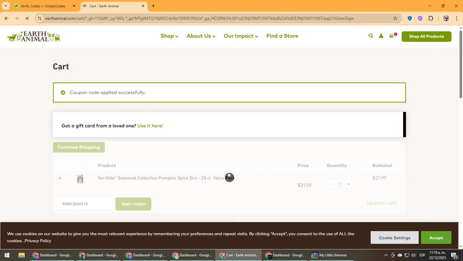 Earth Animal coupon code screenshot showing code PAWLIDAYS10 applied at Earth Animal checkout page. Uploaded by SimplyCodes community member Vanmanuel on Dec 22, 2025