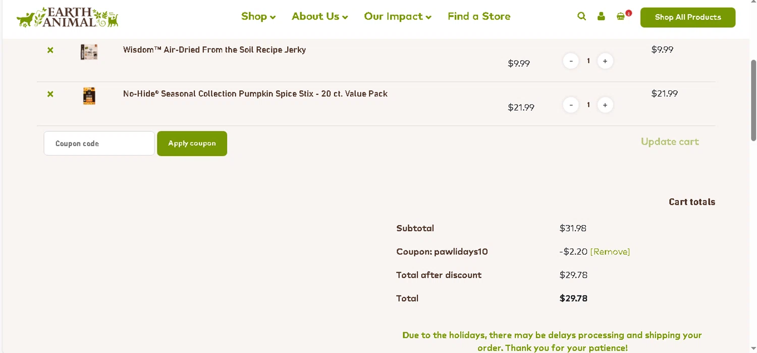 Earth Animal coupon code screenshot showing code PAWLIDAYS10 applied at Earth Animal checkout page. Uploaded by SimplyCodes community member shark12 on Dec 22, 2025