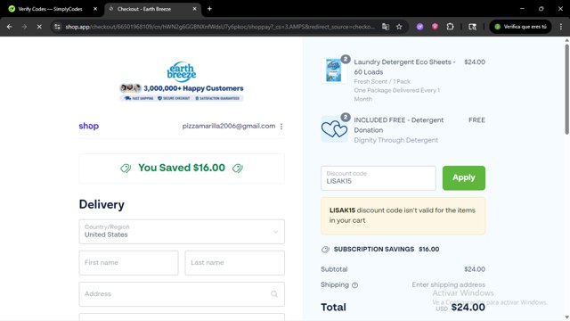 Earthbreeze checkout page showing Earthbreeze discount code box | Screenshot taken by SimplyCodes community member on Sep 6, 2025