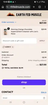 Earth Fed Muscle coupon verification screenshot