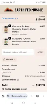 Earth Fed Muscle coupon verification screenshot