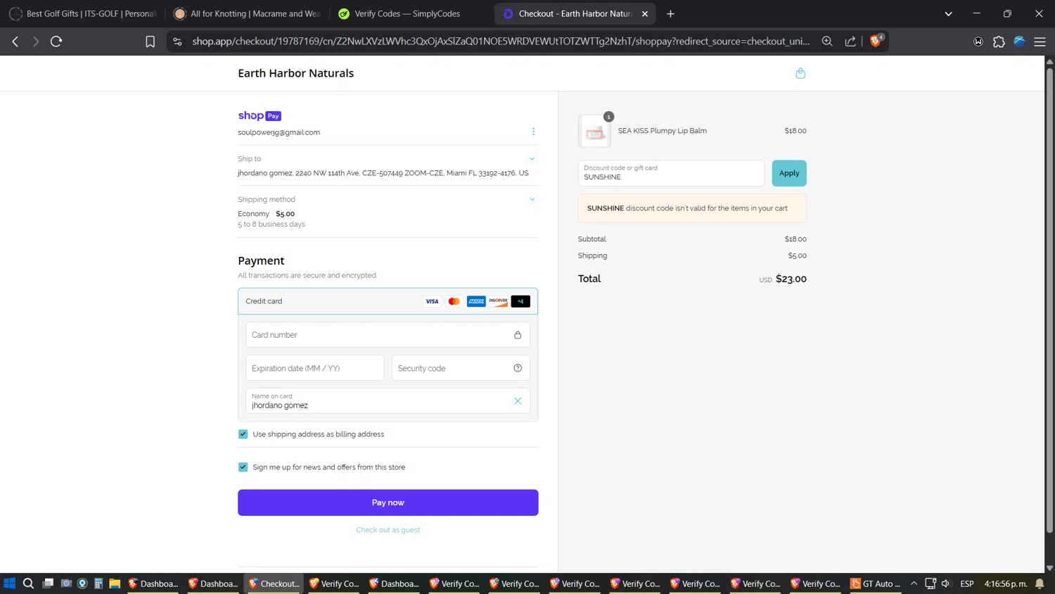Earth Harbor discount code screenshot showing code SUNSHINE applied at Earth Harbor checkout page. Uploaded by SimplyCodes community member Jgomez on May 23, 2025