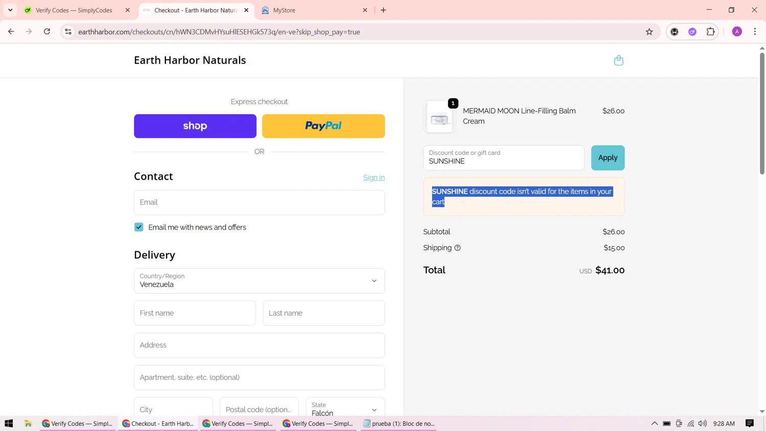 Earth Harbor discount code screenshot showing code SUNSHINE applied at Earth Harbor checkout page. Uploaded by SimplyCodes community member ShrewdMaverick9198 on Sep 20, 2025