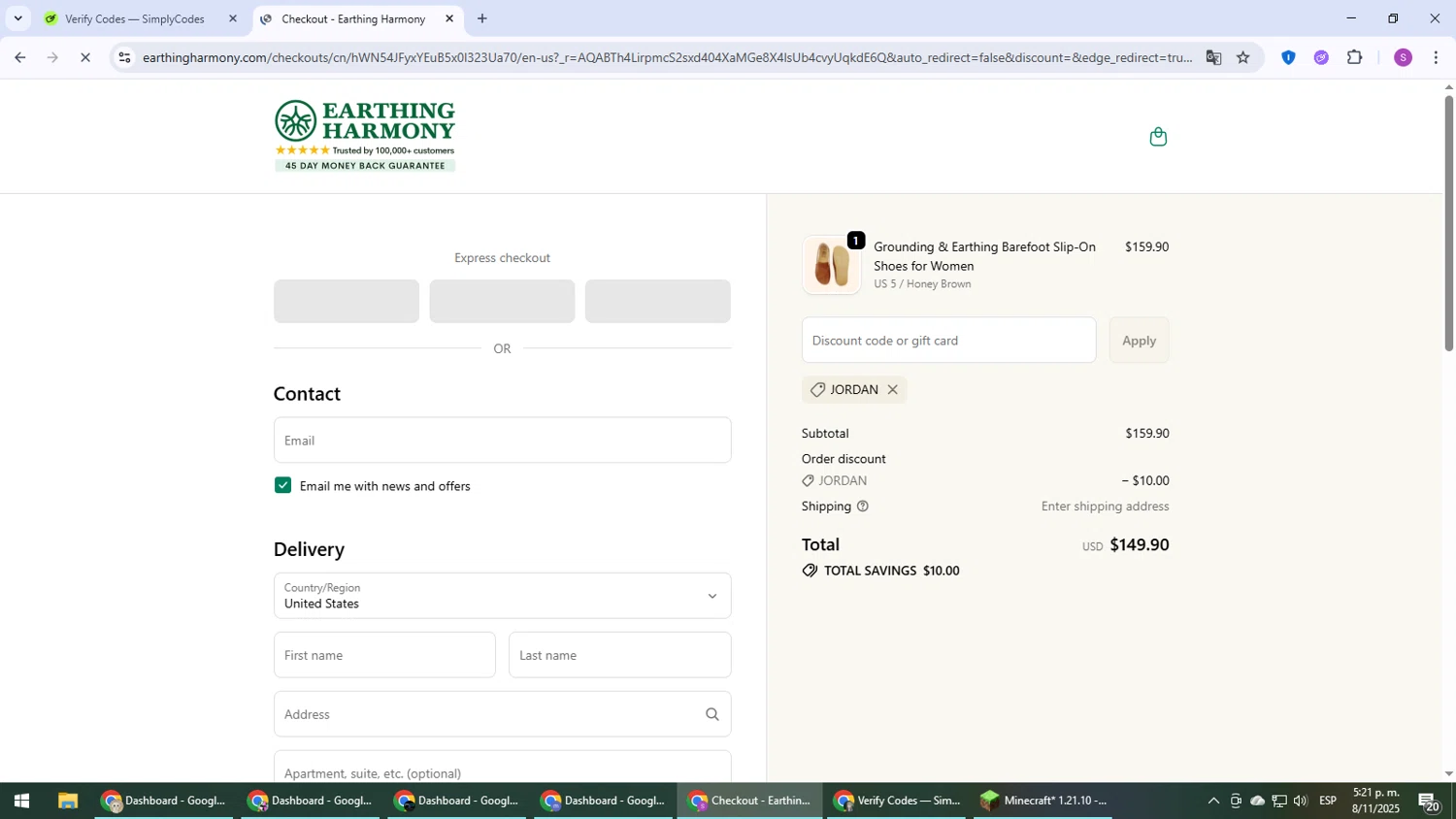 Earth Harmony discount code screenshot showing code JORDAN applied at Earth Harmony checkout page. Uploaded by SimplyCodes community member Son_Goku on Nov 8, 2025