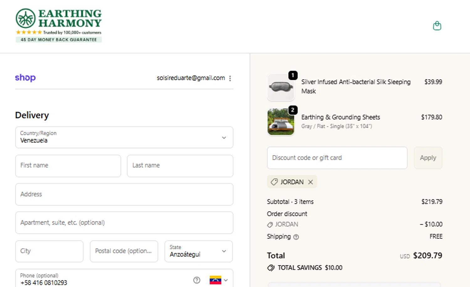 Earth Harmony discount code screenshot showing code JORDAN applied at Earth Harmony checkout page. Uploaded by SimplyCodes community member eudorasuarez on Nov 29, 2025
