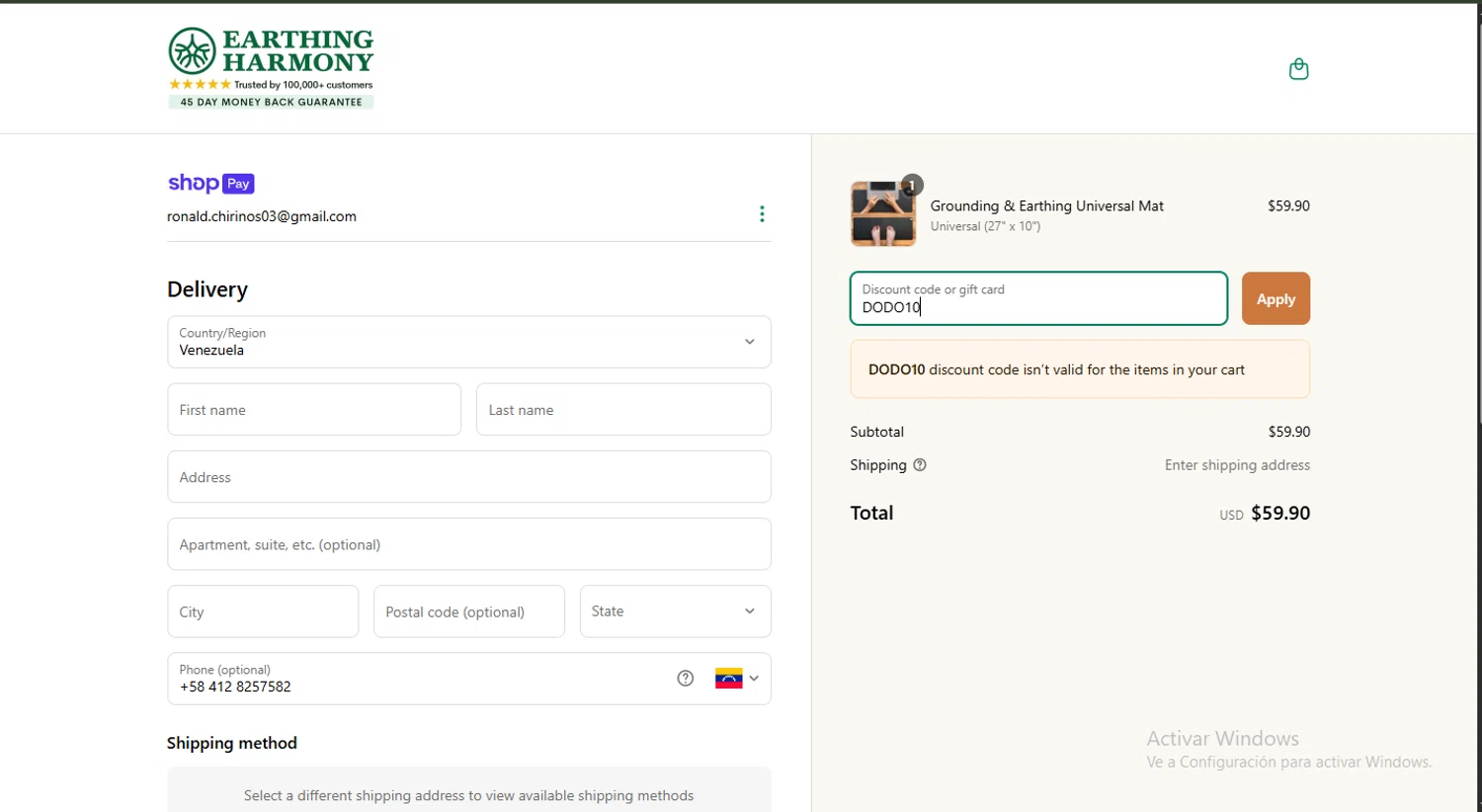 Earth Harmony discount code screenshot showing code DODO10 applied at Earth Harmony checkout page. Uploaded by SimplyCodes community member davisams on Apr 18, 2025