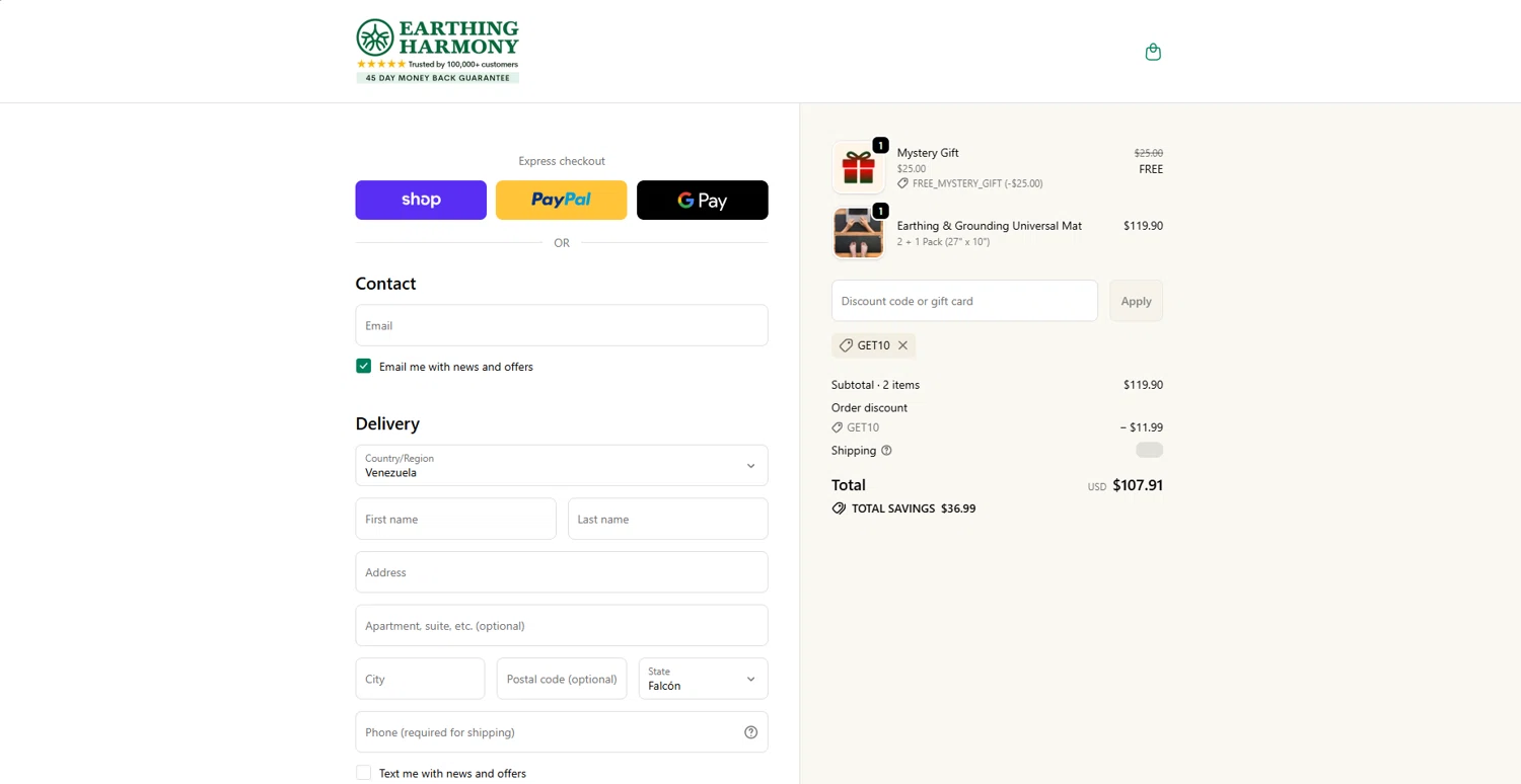Earth Harmony discount code screenshot showing code GET10 applied at Earth Harmony checkout page. Uploaded by SimplyCodes community member EpicTitan8654 on Dec 16, 2025