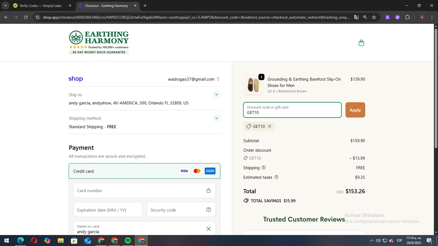Earth Harmony discount code screenshot showing code GET10 applied at Earth Harmony checkout page. Uploaded by SimplyCodes community member elbicho22 on Sep 20, 2025