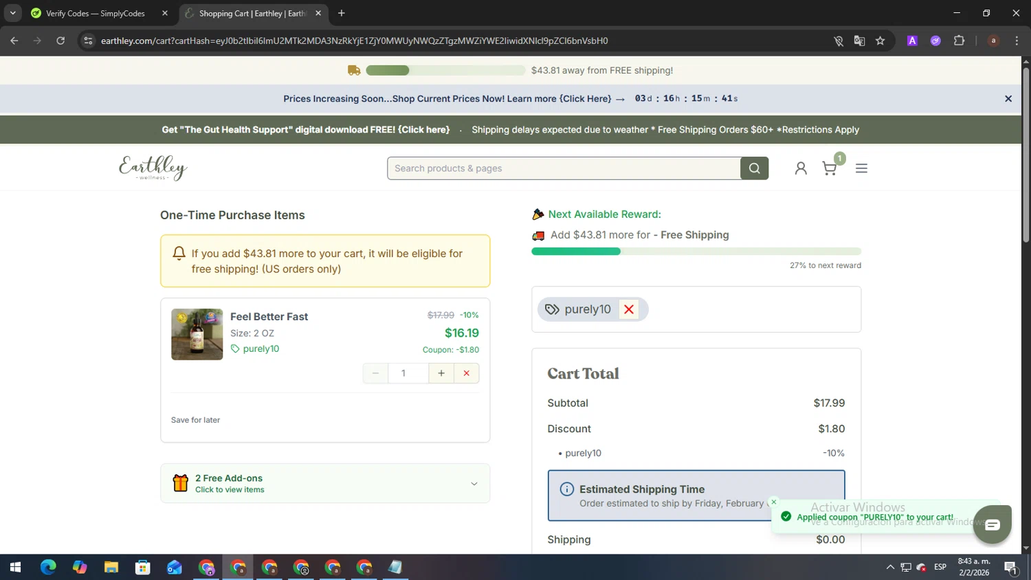 Earthley checkout page showing Earthley coupon code box | Screenshot taken by SimplyCodes community member on Feb 2, 2026