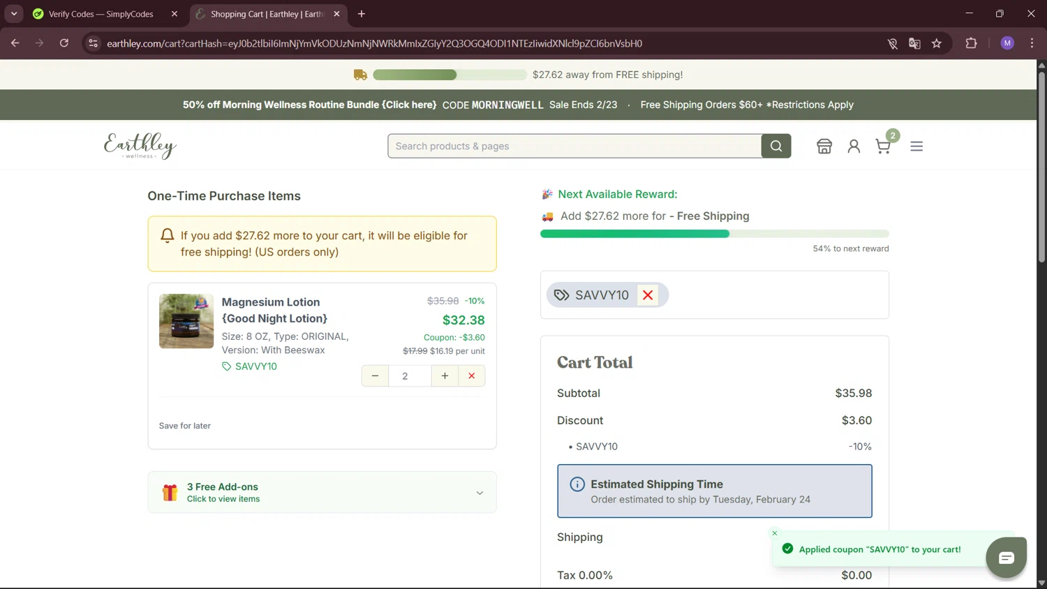 Earthley checkout page showing Earthley coupon code box | Screenshot taken by SimplyCodes community member on Feb 19, 2026