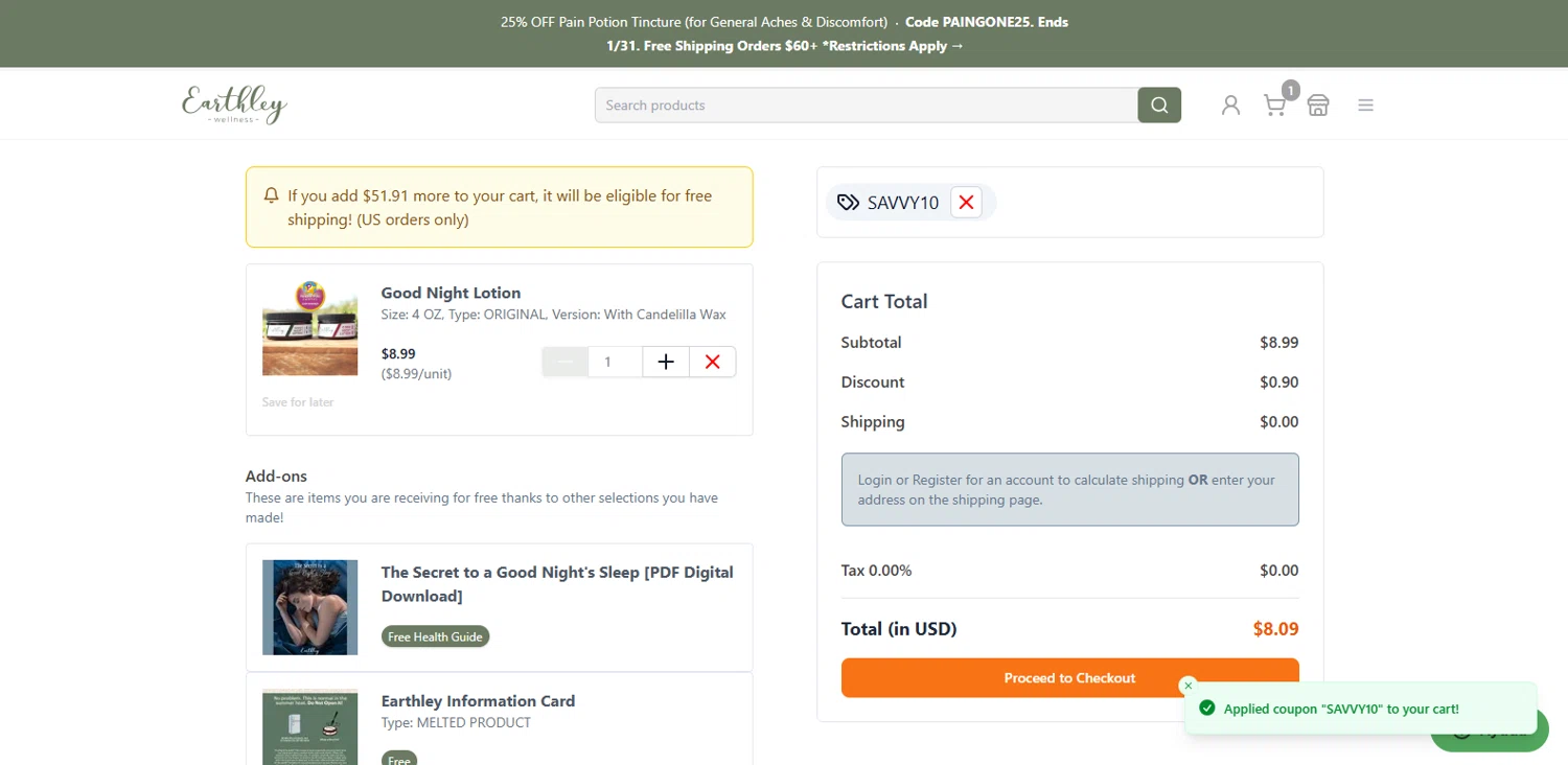 Earthley coupon code screenshot showing code SAVVY10 applied at Earthley checkout page. Uploaded by SimplyCodes community member dimitriv on Jan 12, 2025