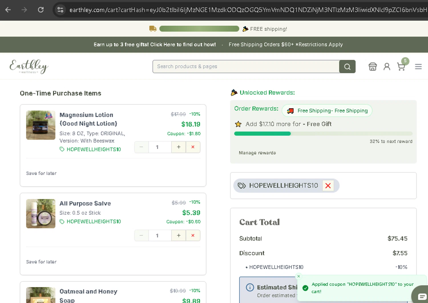 Earthley checkout page showing Earthley coupon code box | Screenshot taken by SimplyCodes community member on Feb 15, 2026