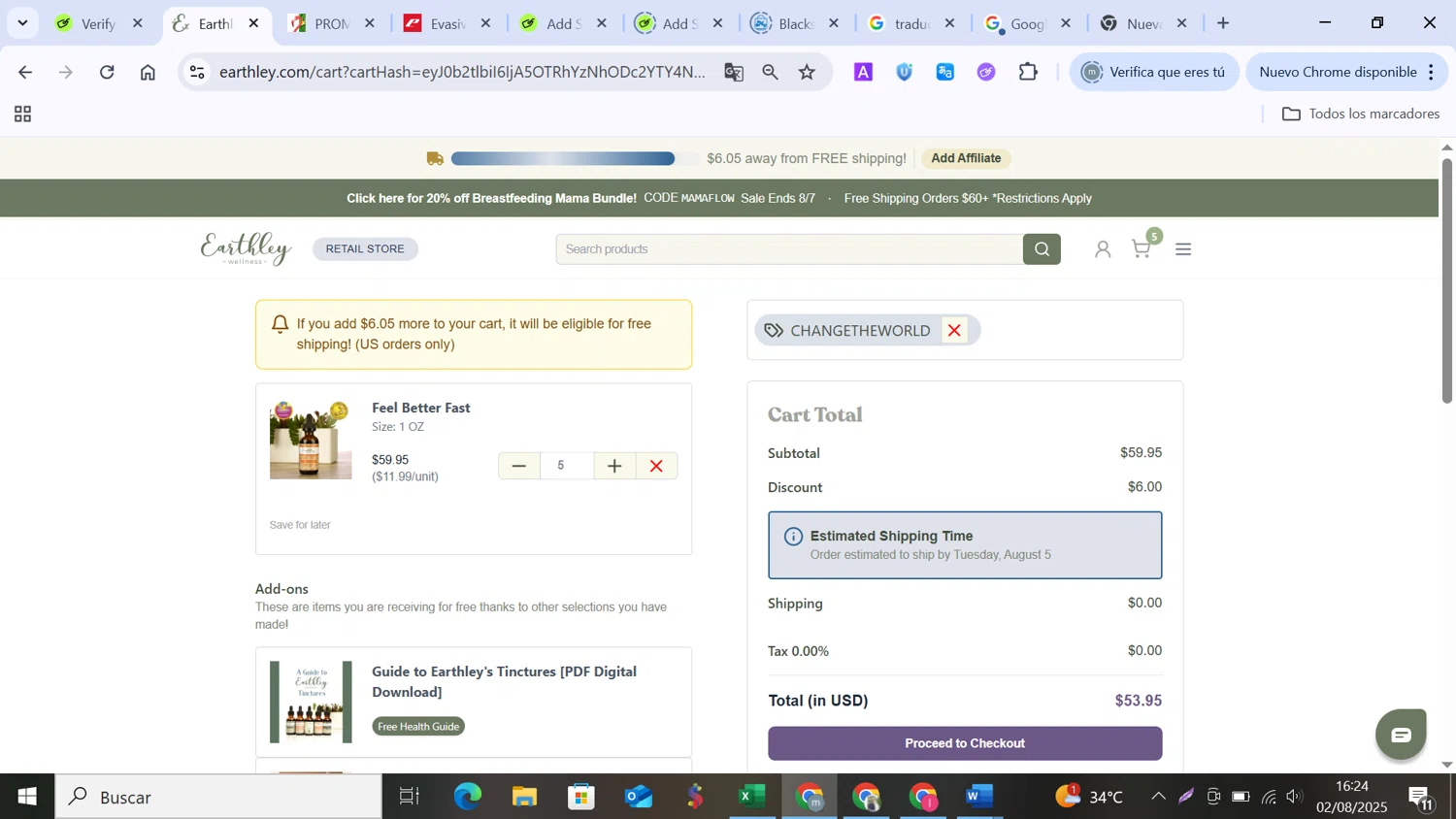 Earthley coupon code screenshot showing code Changetheworld applied at Earthley checkout page. Uploaded by SimplyCodes community member MANUELURBINA on Aug 2, 2025