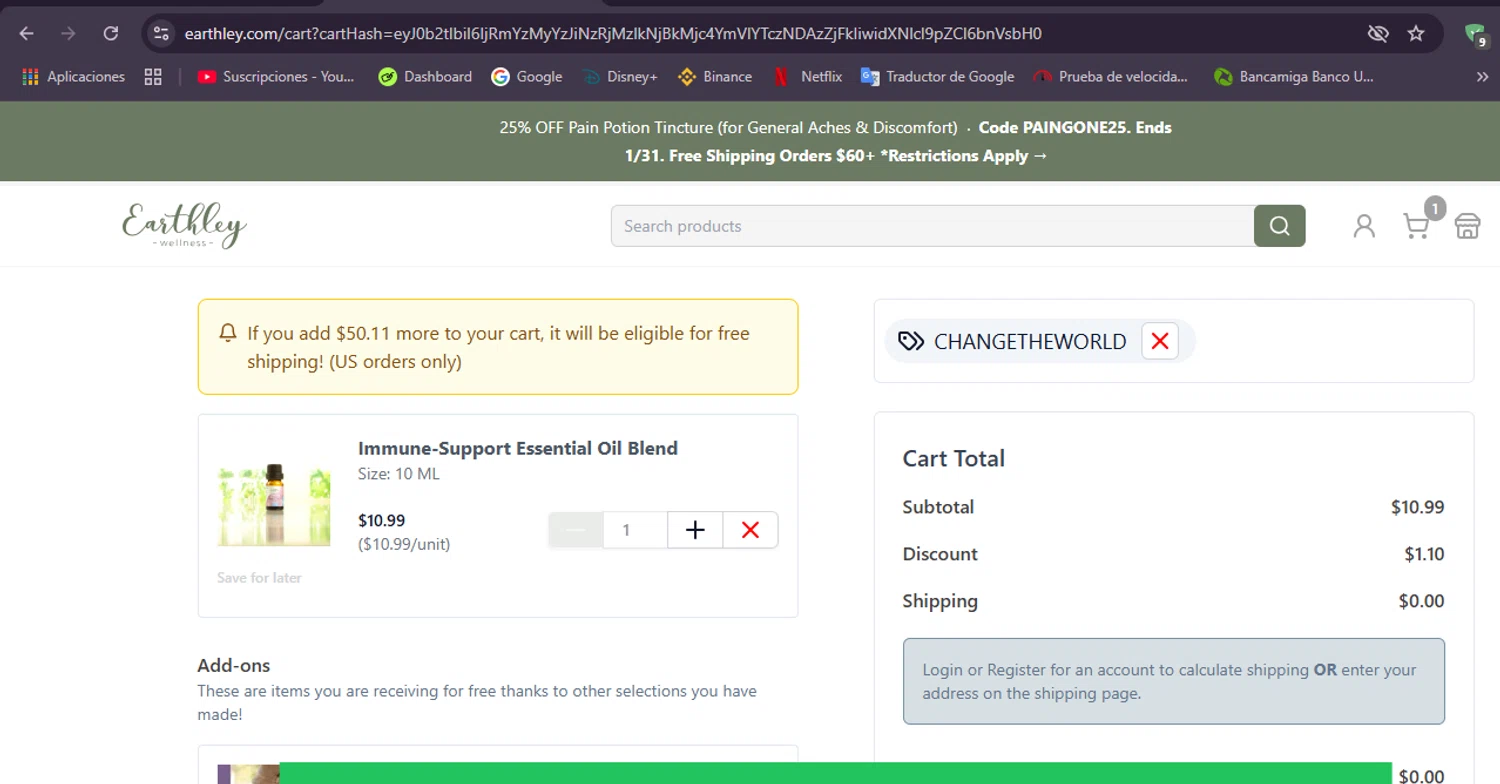 Earthley coupon code screenshot showing code Changetheworld applied at Earthley checkout page. Uploaded by SimplyCodes community member Mulan5674851292422 on Jan 14, 2025