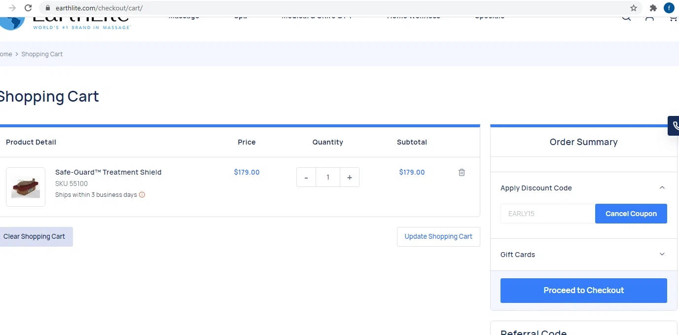 Earthlite checkout page showing Earthlite discount code box | Screenshot taken by SimplyCodes community member on Dec 11, 2020