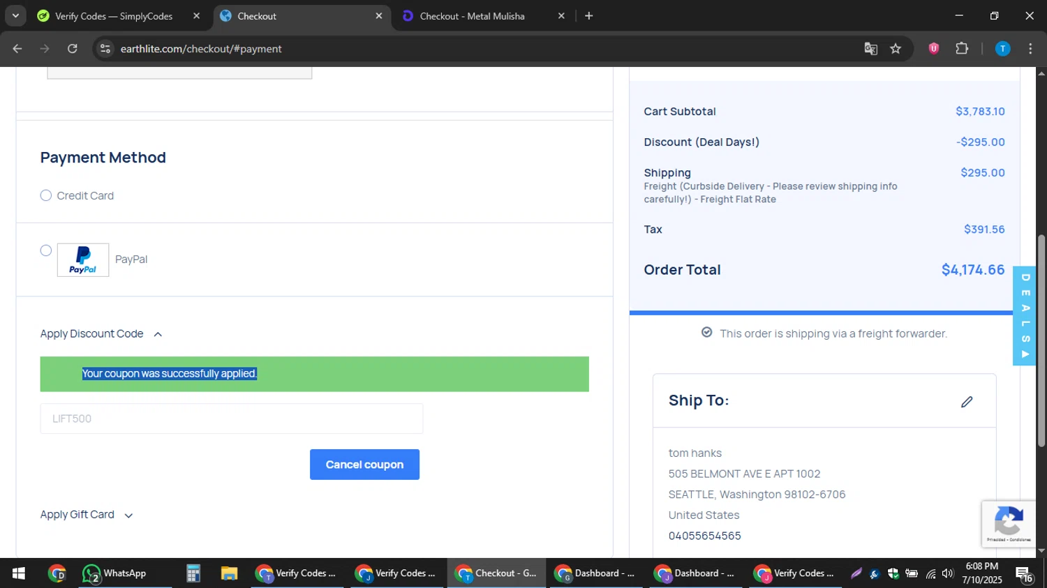Earthlite checkout page showing Earthlite discount code box | Screenshot taken by SimplyCodes community member on Jul 10, 2025