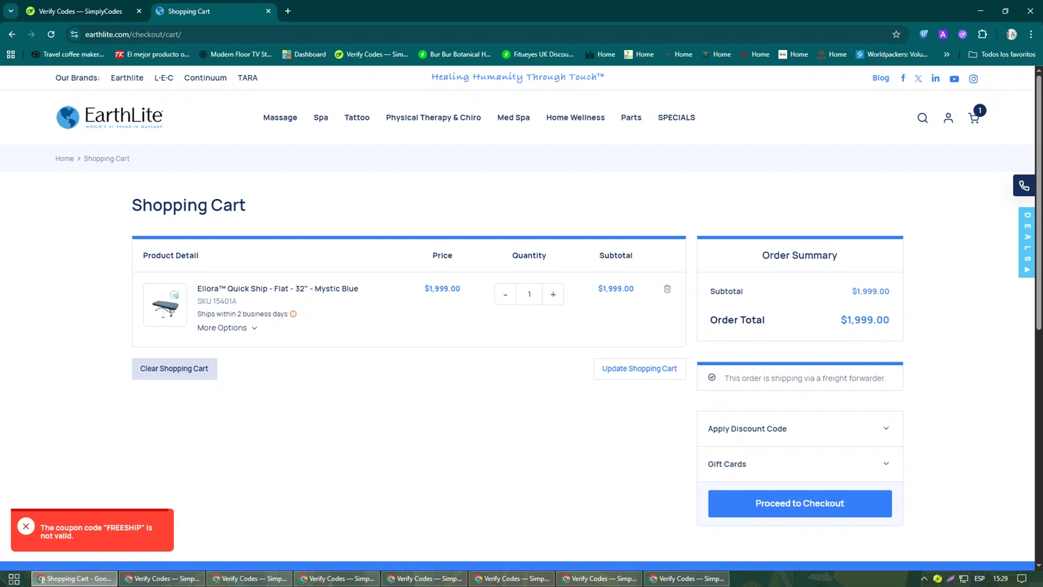 Earthlite discount code screenshot showing code FREESHIP applied at Earthlite checkout page. Uploaded by SimplyCodes community member John_Johnson on Aug 16, 2025