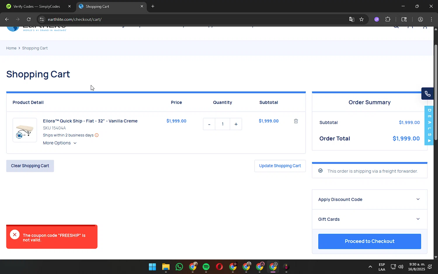 Earthlite discount code screenshot showing code FREESHIP applied at Earthlite checkout page. Uploaded by SimplyCodes community member wednesday on Aug 16, 2025