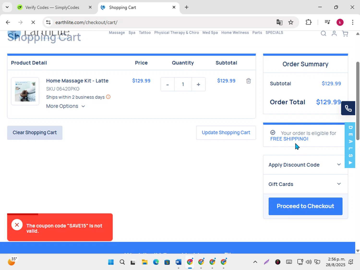Earthlite discount code screenshot showing code SAVE15 applied at Earthlite checkout page. Uploaded by SimplyCodes community member karoline on Aug 28, 2025