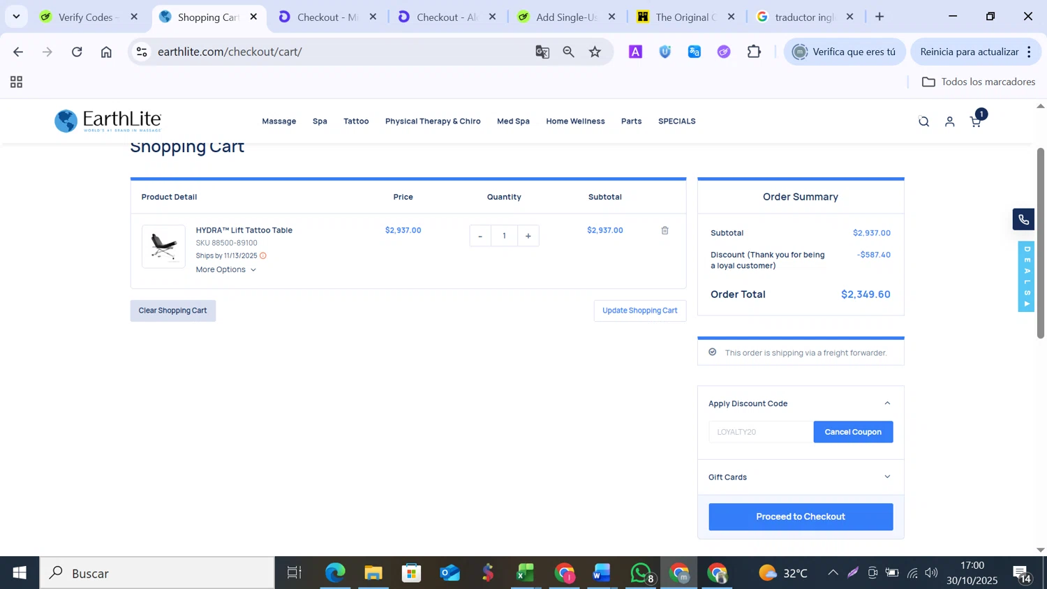 Earthlite checkout page showing Earthlite discount code box | Screenshot taken by SimplyCodes community member on Oct 30, 2025