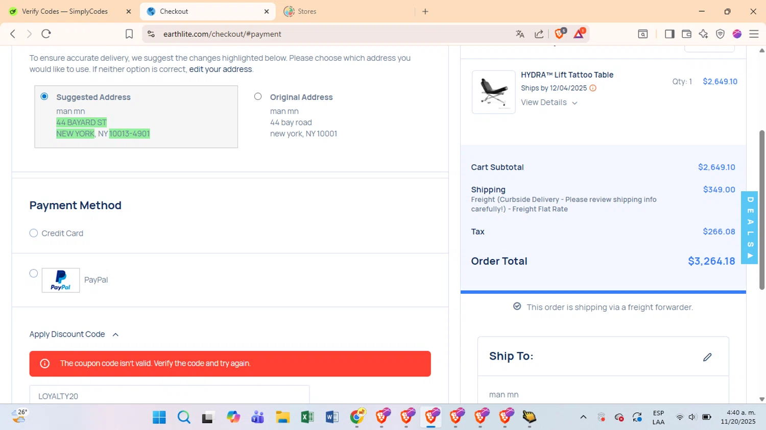Earthlite discount code screenshot showing code LOYALTY20 applied at Earthlite checkout page. Uploaded by SimplyCodes community member ScanRanger3795 on Nov 20, 2025