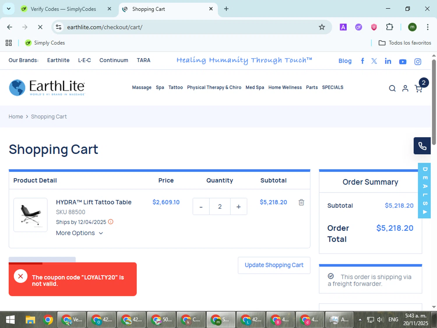 Earthlite discount code screenshot showing code LOYALTY20 applied at Earthlite checkout page. Uploaded by SimplyCodes community member VoucherCollector9196 on Nov 20, 2025