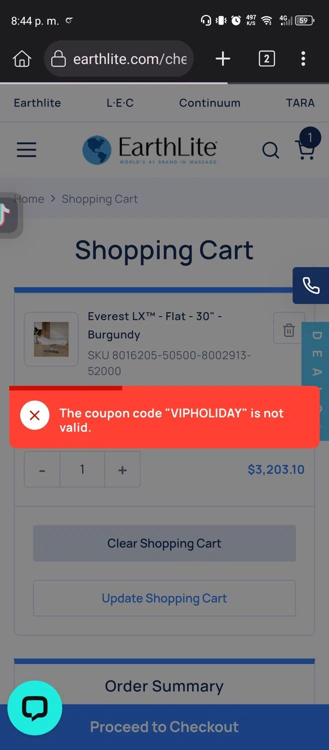 Earthlite discount code screenshot showing code VIPHOLIDAY applied at Earthlite checkout page. Uploaded by SimplyCodes community member Diego_Soto on Nov 30, 2025