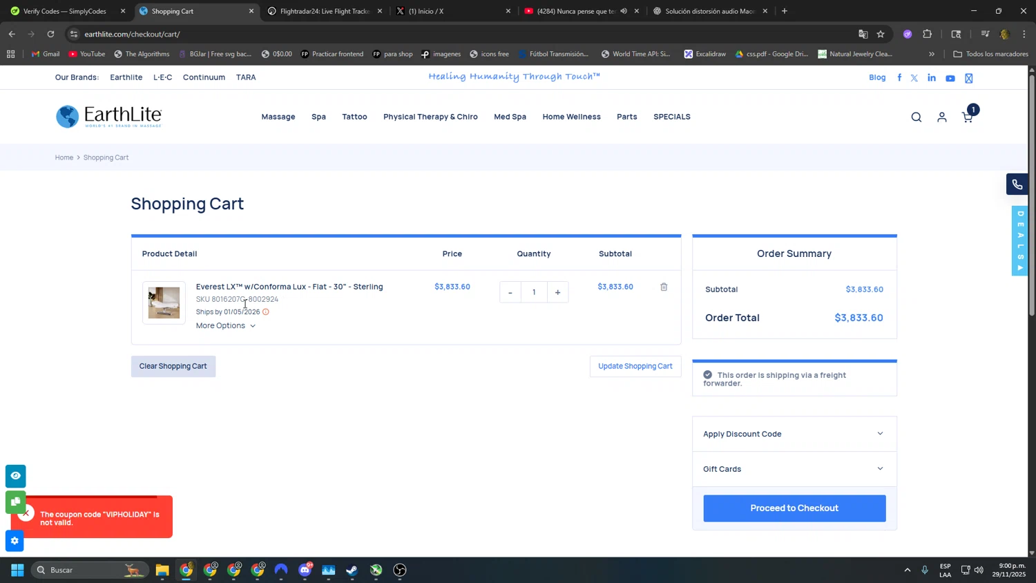 Earthlite discount code screenshot showing code VIPHOLIDAY applied at Earthlite checkout page. Uploaded by SimplyCodes community member kakakakakka on Nov 30, 2025