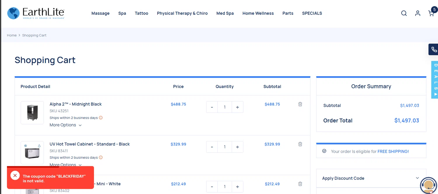 Earthlite discount code screenshot showing code BLACKFRIDAY applied at Earthlite checkout page. Uploaded by SimplyCodes community member JasnibelEgu on Nov 23, 2025