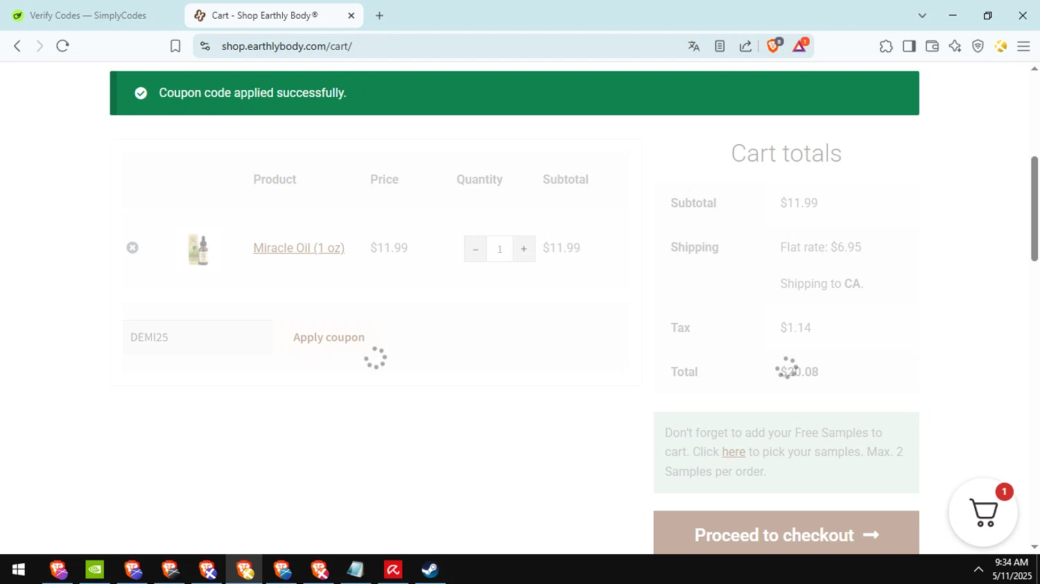 Earthly Body coupon code screenshot showing code DEMI25 applied at Earthly Body checkout page. Uploaded by SimplyCodes community member Ranita_de_agua on May 11, 2025
