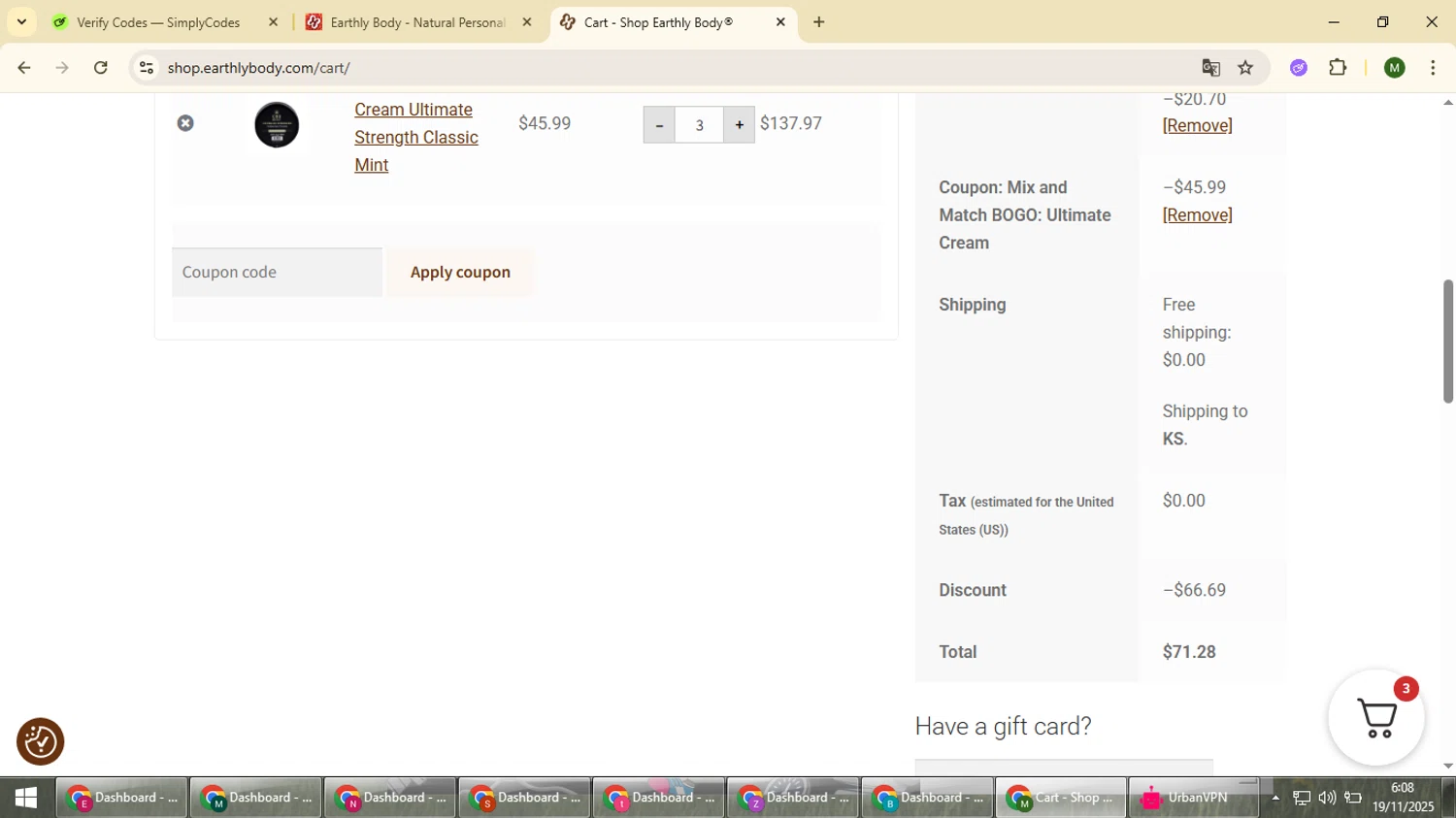 Earthly Body coupon code screenshot showing code TRY15 applied at Earthly Body checkout page. Uploaded by SimplyCodes community member loversuper on Nov 19, 2025